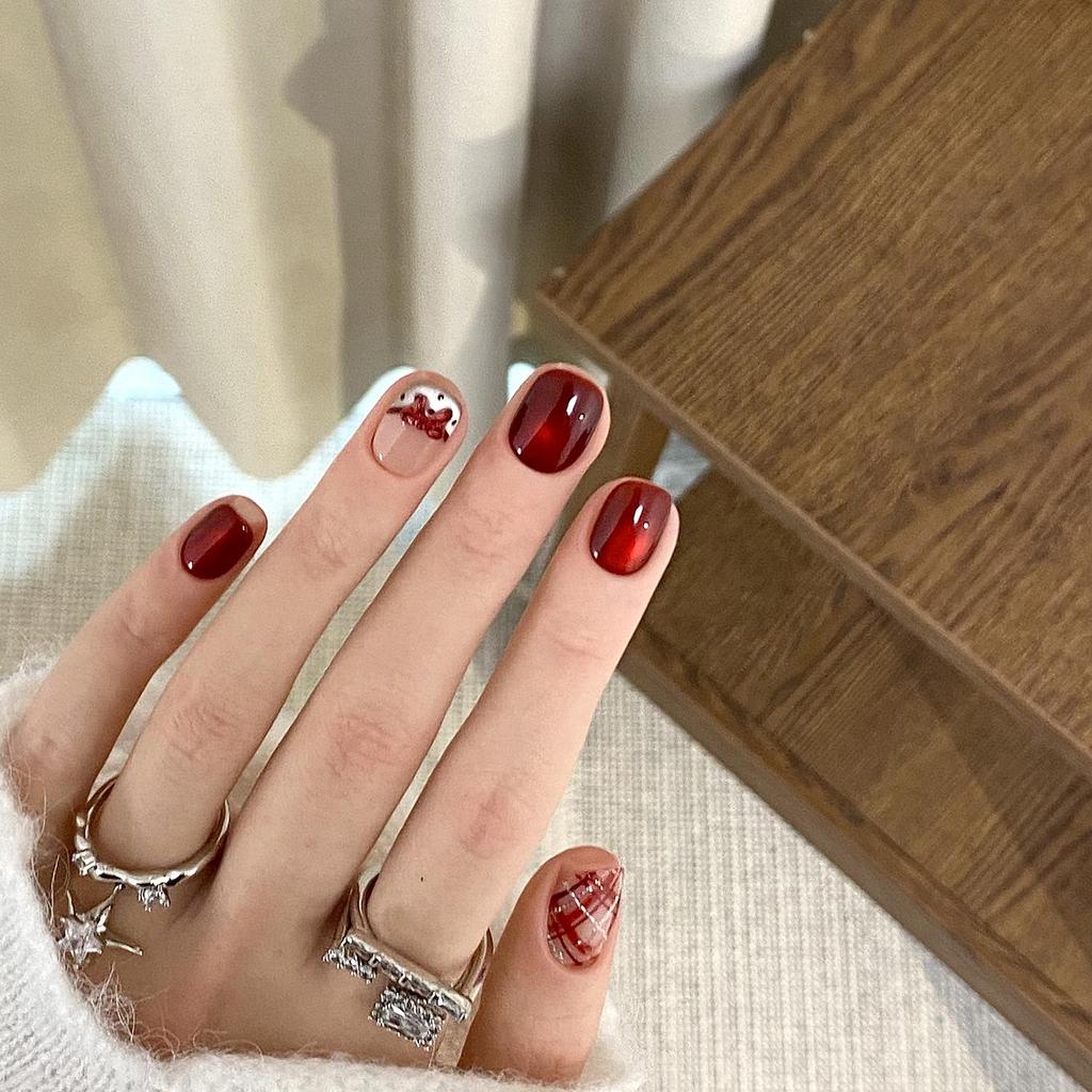 Red Plaid Sparkly Cat Eye Handmade Wearable Nails for New Year's