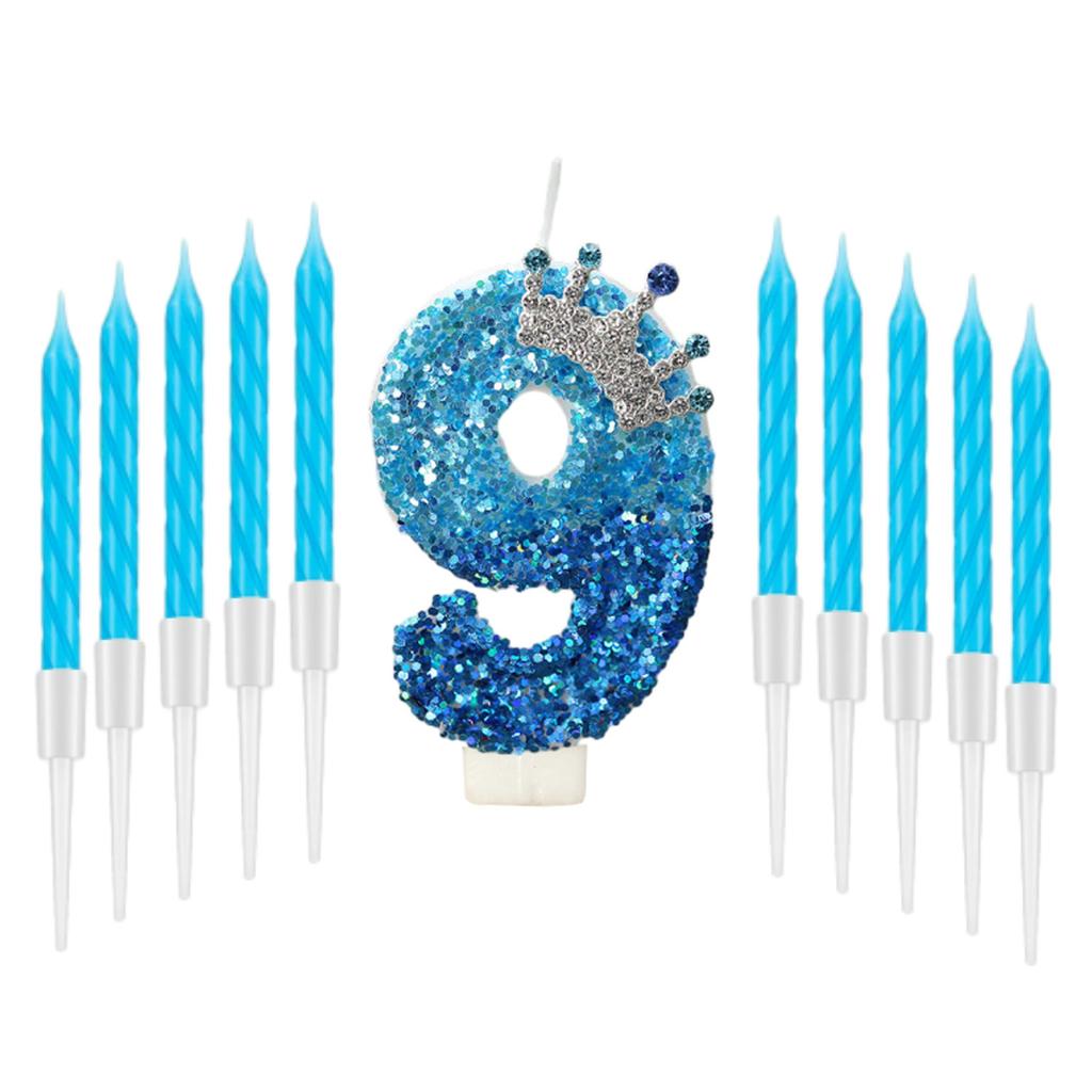 11pcs Blue Birthday 0-9 Candle for Cake,Blue Crown Cake Topper Princess Birthday Party Decorations Cupcake Topper Party Supplies