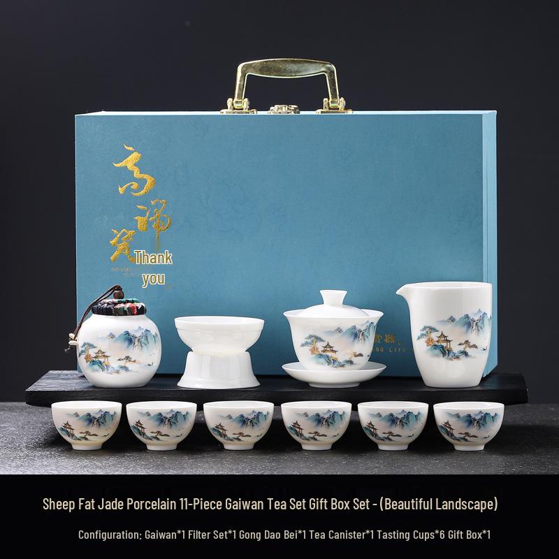 Luxury Jade White Porcelain Kung Fu Tea Set for Home or Office