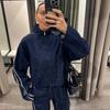 Patchwork Gestreifte Jacke Weitbeinige Hose Set Damen Stehkragen Reißverschluss Locker Jeansjacke Kordelzug Hose Zweiteiliges Set Schlichtes Lässiges Hosen-Set