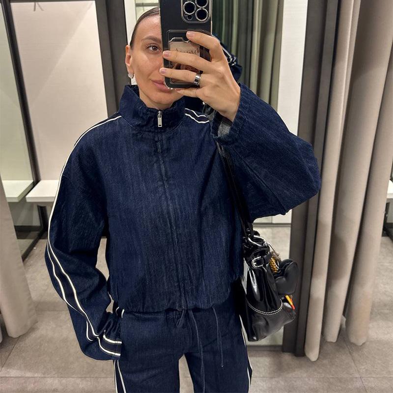 Patchwork Gestreifte Jacke Weitbeinige Hose Set Damen Stehkragen Reißverschluss Locker Jeansjacke Kordelzug Hose Zweiteiliges Set Schlichtes Lässiges Hosen-Set
