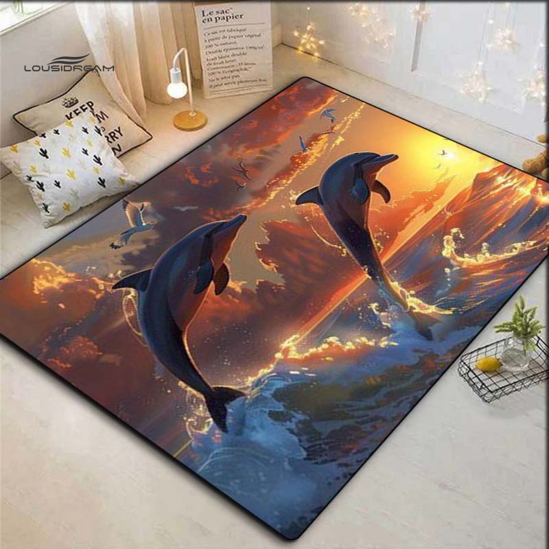 Two Jumping Dolphins Sunset Ocean Seabird Scenery Print Area Rug Non‑Slip Rectangular Floor Mat Home Decor