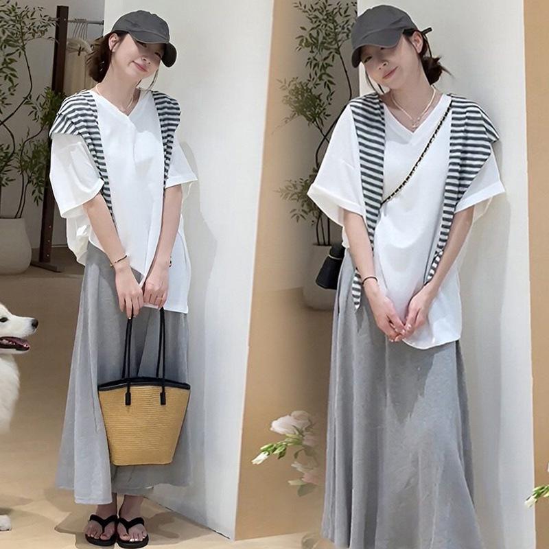Stylish 2026 Summer Maternity Dress & T-Shirt Set - Slimming French Sleeveless/Short-Sleeved, Conceals Pregnancy