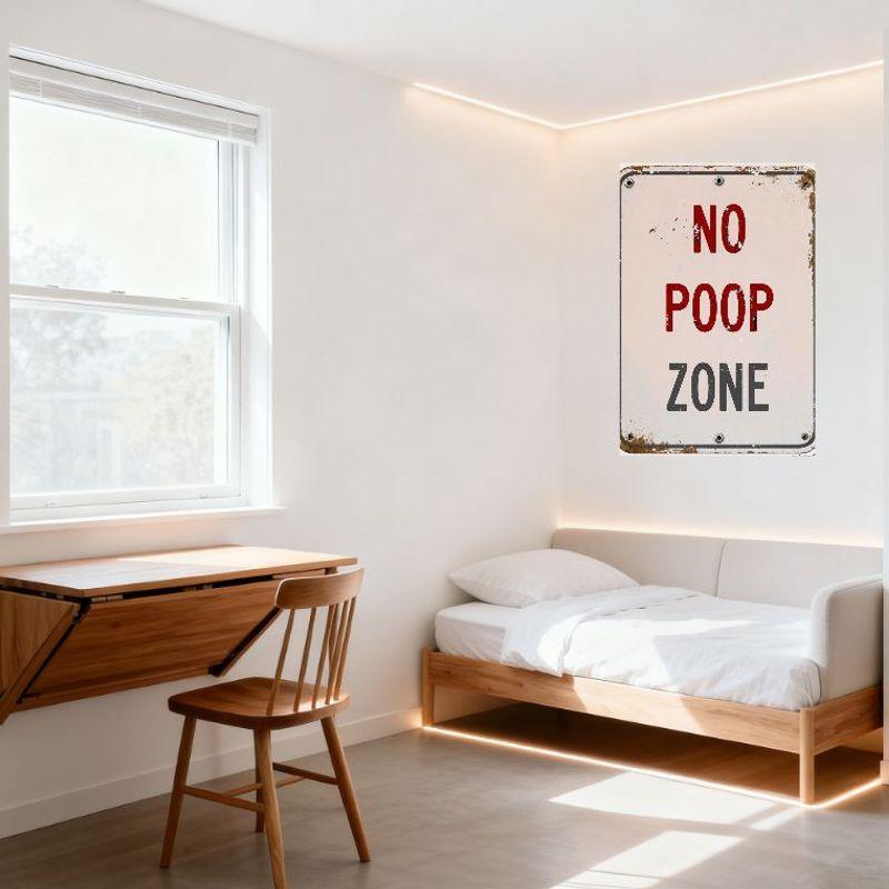 Vintage Rustic NO POOP ZONE Metal Tin Sign, Weathered Wall Decor with Peeling Paint, Outdoor Indoor Warning Plaque for Home Gard