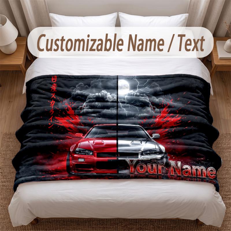 Car Racing Theme Soft Blanket Personalized Custom Name Text Print Warm Blanket Home Sofa Bedroom Decor