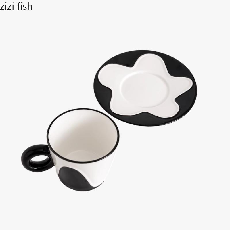 Black and White Wavy Ceramic Mug Coffee Cup and Dish Set Afternoon Tea Cups Breakfast Cups Milk Mug Water Cup Juice Mugs Teacup