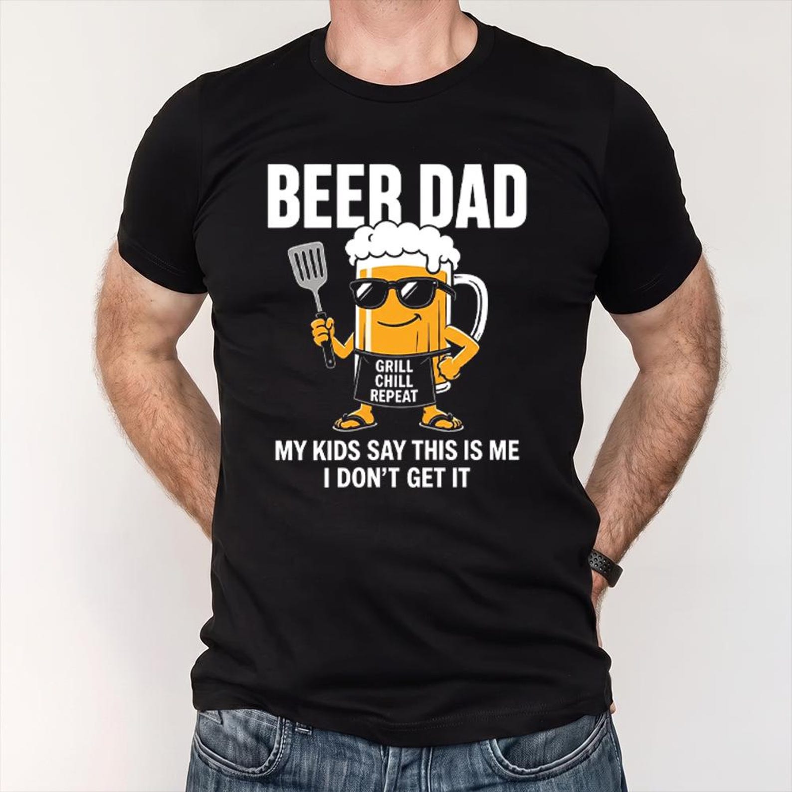 Beer Dad Shirt Funny Dad Beer Lover Tee, Grill Chill Repeat Graphic T-Shirt, Father’s Day Gift for Dad Humor Unisex Barbecue Beer Tee M