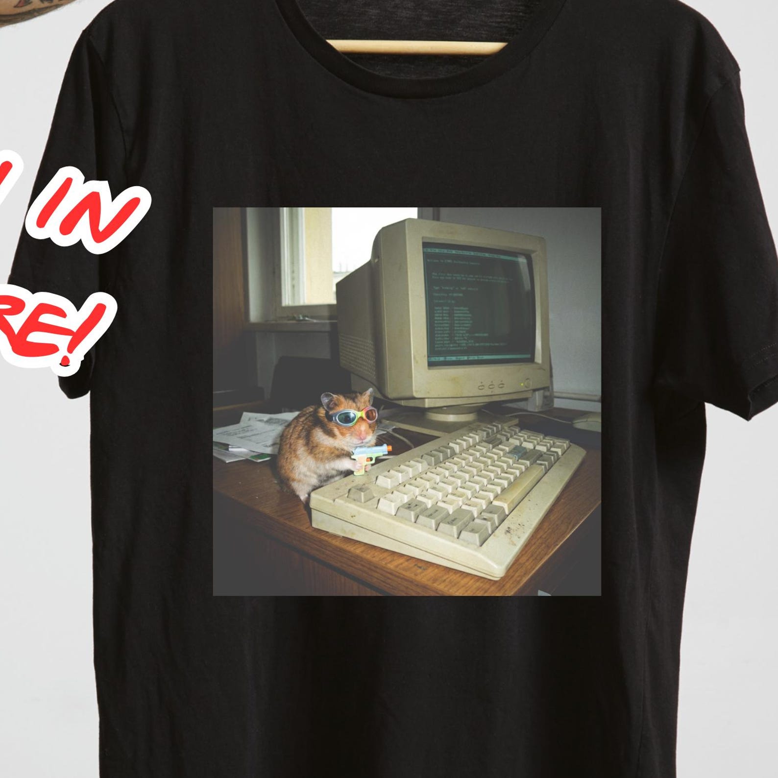 Retro Hacker Hamster T-Shirt, Funny Tech Nerd Graphic Tee, Vintage Computer XL