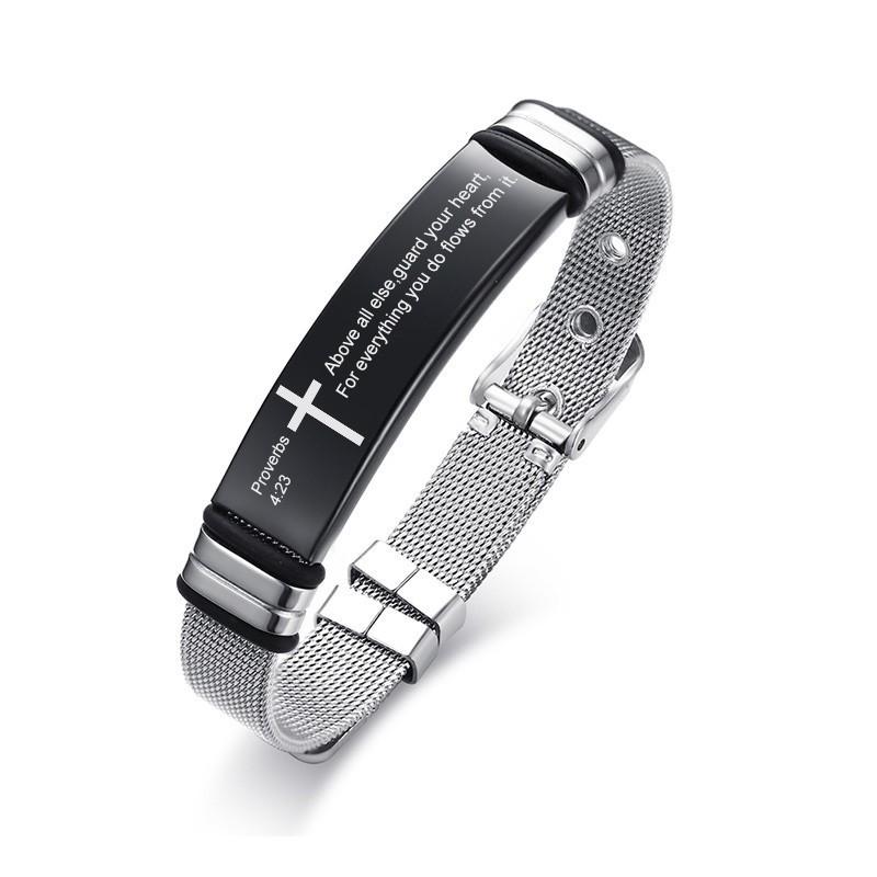 Custom Cross Men's Stainless Steel Bracelet Christian Lord's Prayer Personalized Adjustable