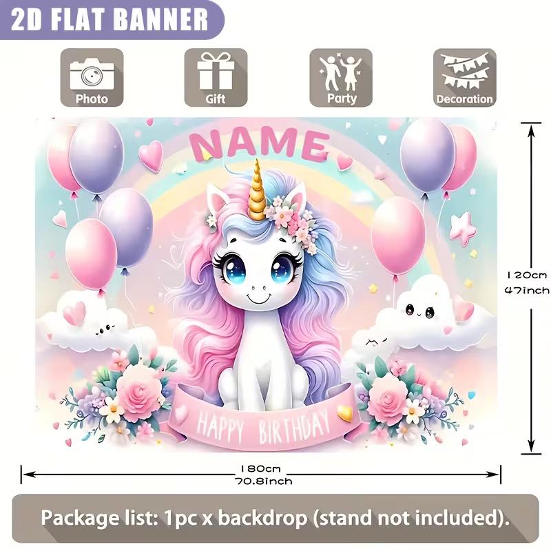 

2D Pastel Unicorn Birthday Backdrop, Customizable Kids Party Background 47.2x31.5inch/120*80cm