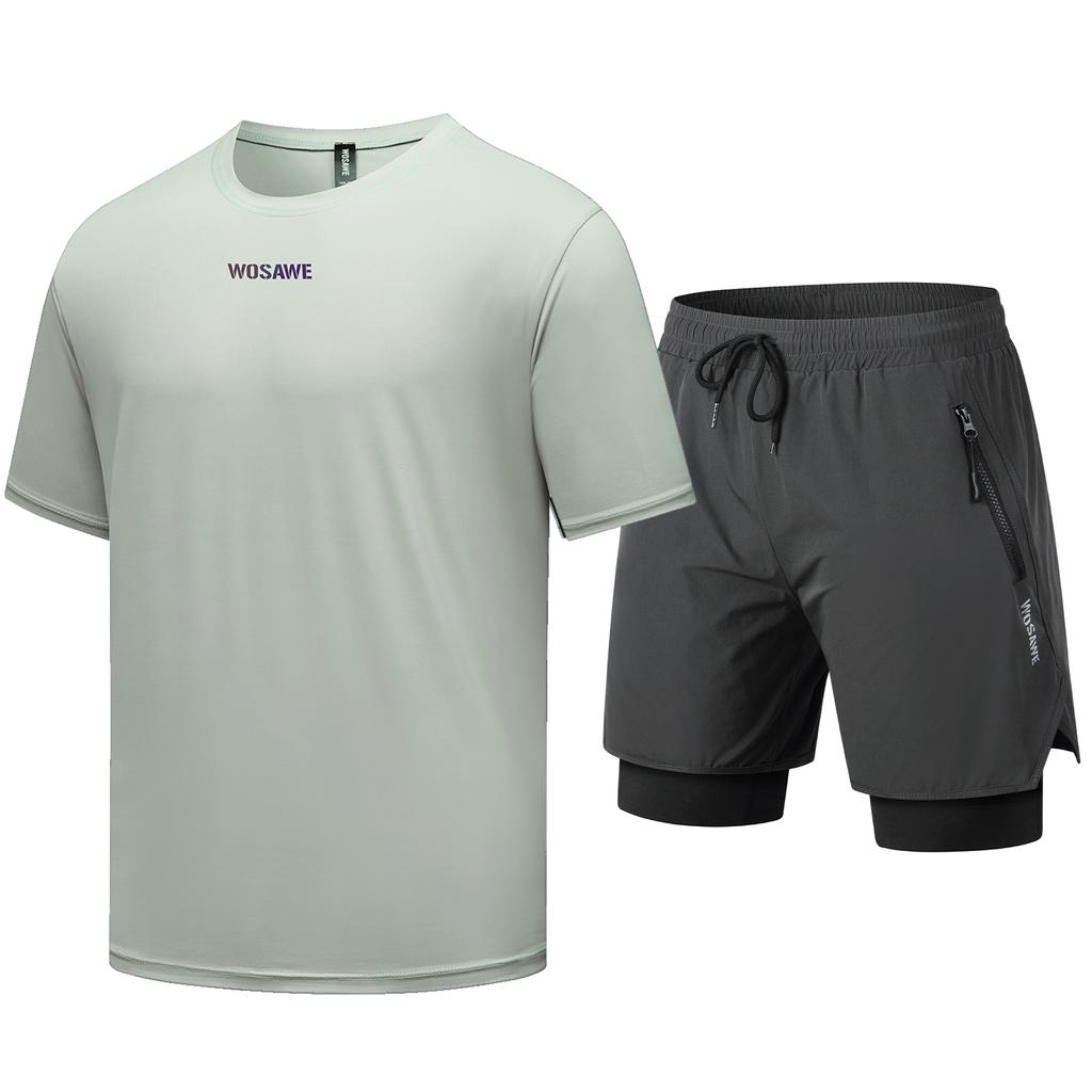 WOSAWE Męska i Damska Koszulka z Krótkim Rękawem na Rower Górski Outdoorowy Jazda na Rowerze Zestaw Spodenek MTB 2 w 1 z Wkładką