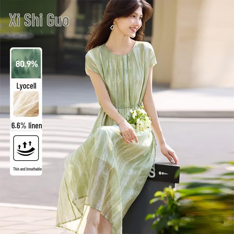 SLLSKY Women s Art Tie-Dye Lyocell Linen Blend Dress M
