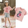 Girls Pink Tshirt with Perfume Bottle Printed Baby Short Sleeve Top Loose Base Shirt Summer Clothes New Fashion
