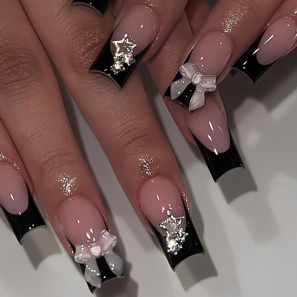 24Pcs Long Coffin French False Nails With Glue Bow And Diamond Decor Black Ballerina Press On Acrylic Nail Tips