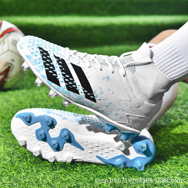 Unisex High-Top Football Shoes for Kids, Mandarin Duck Color, Long Nails, TF Artificial Grass, Student Training.
