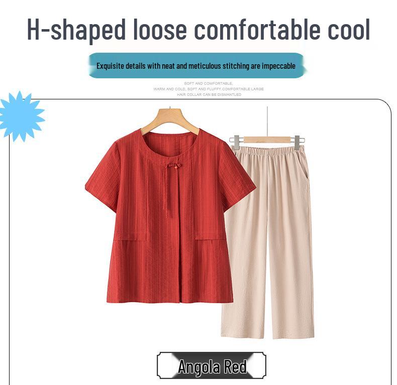 Tencel Kurzarm Oberteil im chinesischen Stil für Frauen mittleren Alters - 2025 Sommer Zweiteiler