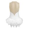 Body da ginnastica femminile con strass, piume soffici, orlo irregolare, senza maniche, con bottoni all'inguine