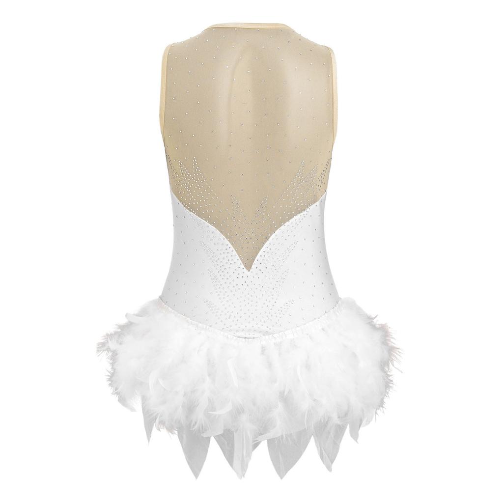 Body da ginnastica femminile con strass, piume soffici, orlo irregolare, senza maniche, con bottoni all'inguine