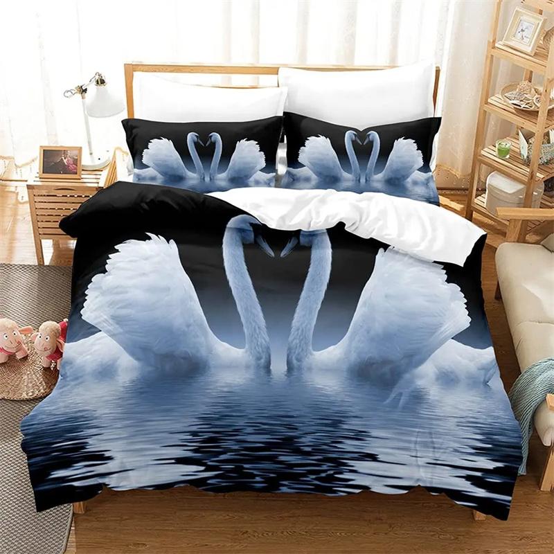 Husa de plapumă cu trandafir roșu și lebădă neagră și albă Cuvertură romantică cu flori Paturi cu animale sălbatice pentru decor cameră de zi Femeie Doamnă Nuntă