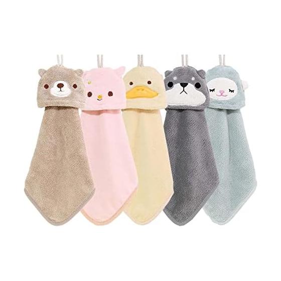 Dekori Hand Towels with Loop, Cute Animal Character Design, Coral Fleece, Absorbent & Quick-Drying, for Kids (Boys & Girls), Soft & Fluffy, Set of 5