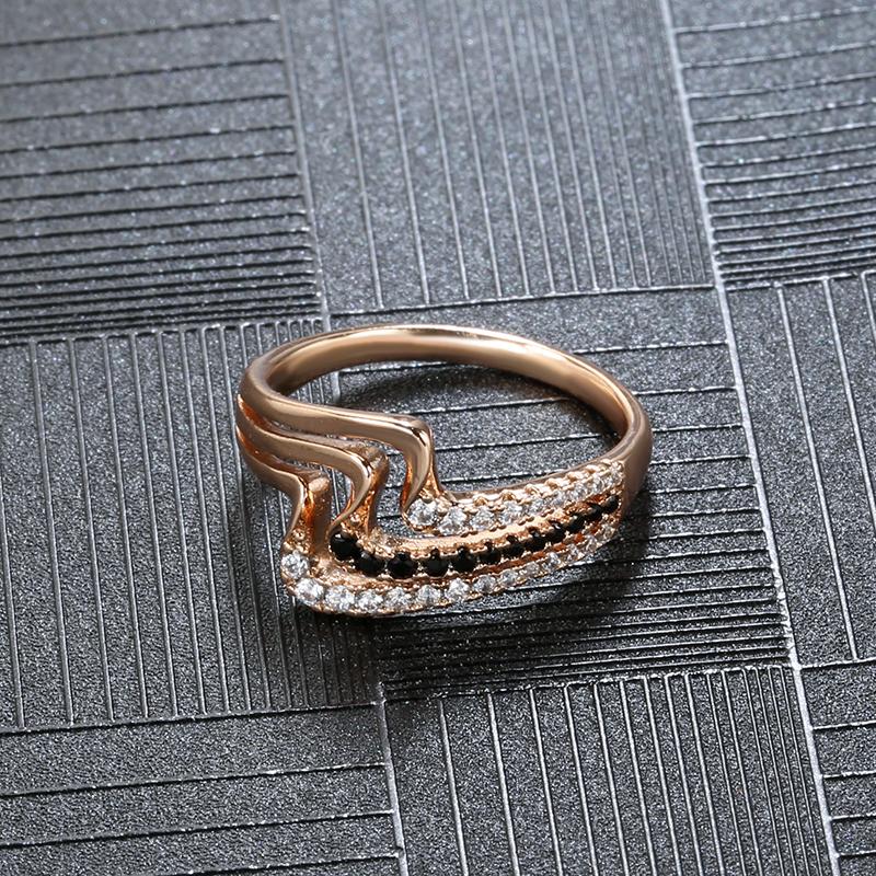 Luxury Rose Gold Natural Black Zircon Ring Fashion 3 Rows Waves Rings For Women Vintage Wedding Jewelry