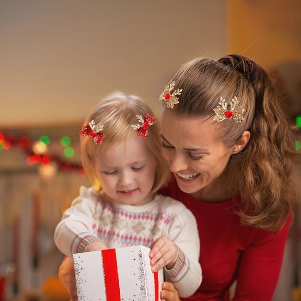 Set of 4 Christmas Hair Accessories: Deer Antler Christmas Hairpins, Ribbon Hair Clips, Cute Reindeer Christmas Hair Ornaments with Pom Poms, Cosplay