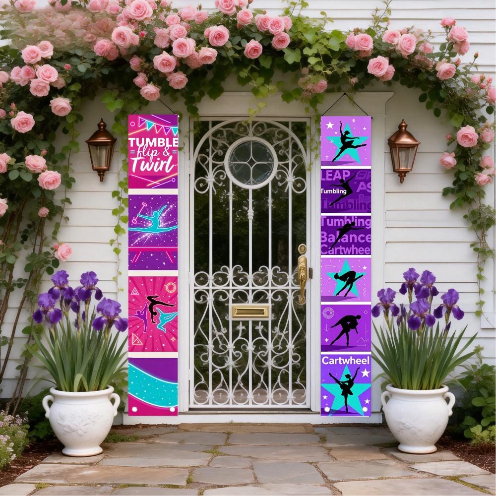 2D Flat, 2D Flat - 2D Flat, 2D Flat - 2pcs Set of Gymnastics Cheerleading Theme Vertical Couplets, Neon Purple Pink Style Action Silhouette Paintings,
