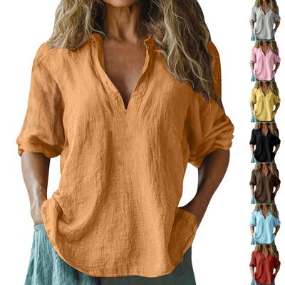 Women's Fashion Casual V-Neck Cotton-Linen Blend Shirt Loose-Fit Short-Sleeve Top