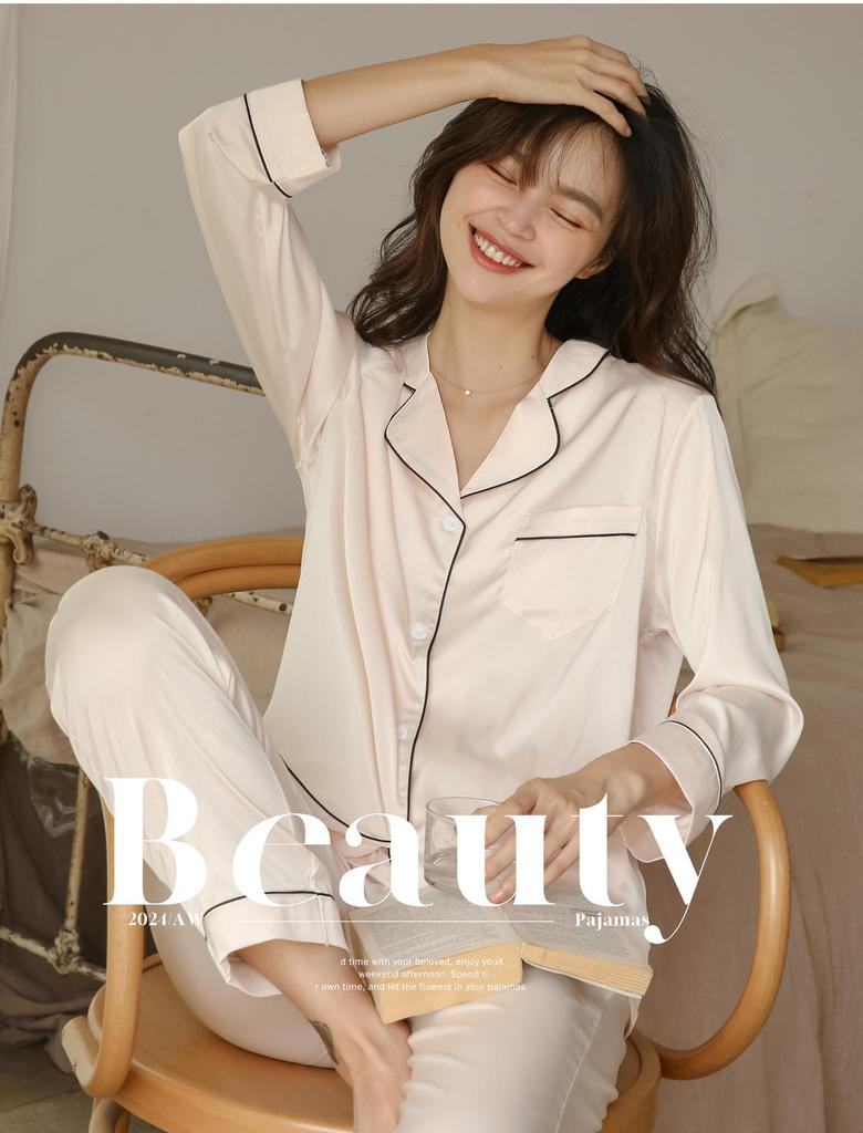 Women's Ice Silk Two-Piece Pajama Set: Long Sleeve and Pants, Spring and Autumn Style, Suitable for Outdoor Wear.