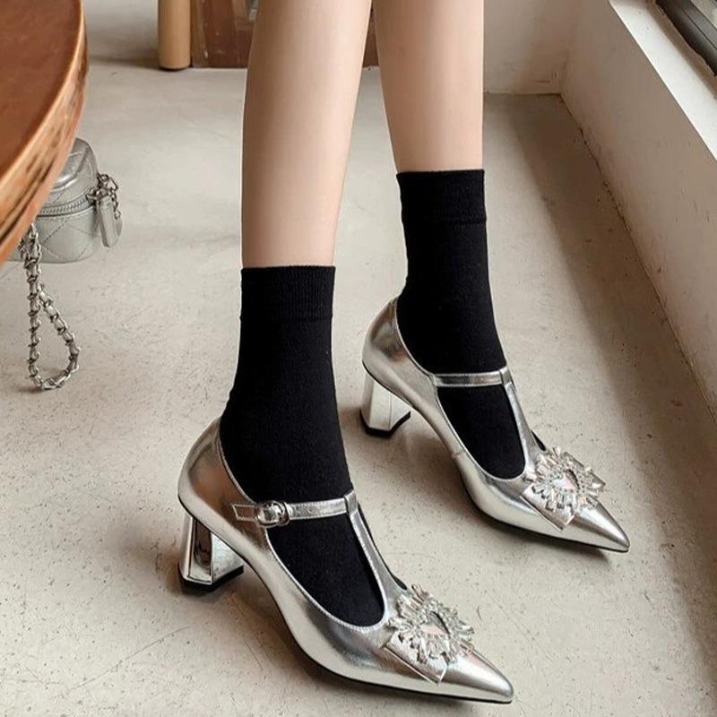 Women's Coarse Heel Shoes Spring New Pointed Head Shallow Mouth Diamond-like Buckle Non-slip Wear-resistant High Heels