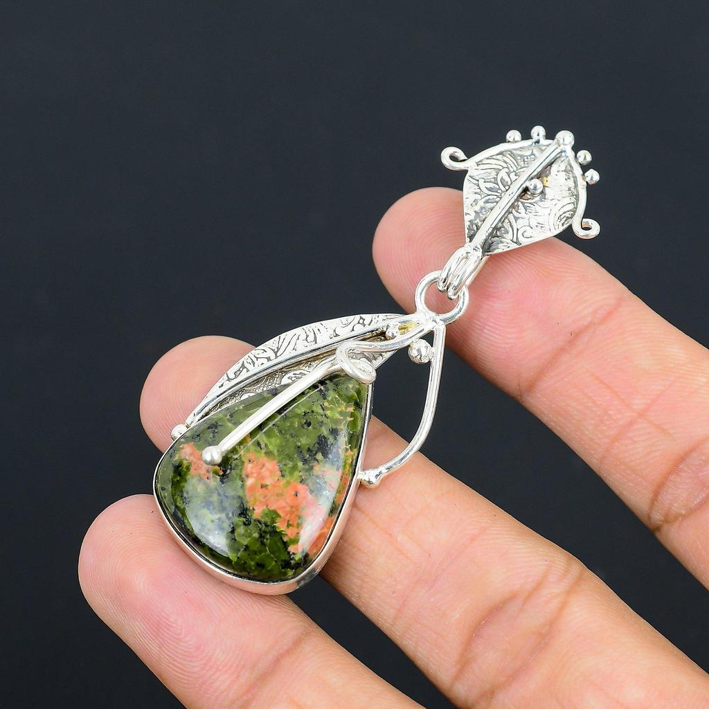 Natural Unakite Gemstone Pendant 925 Sterling Silver Indian Jewelry For Women