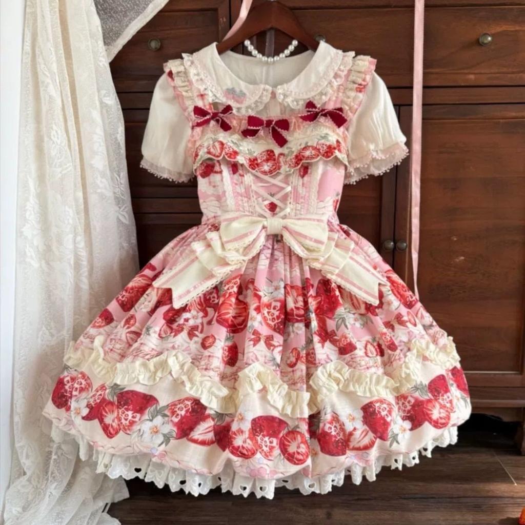 Strawberry Retro Aesthetic Japanese Lolita Strap Dress Pleated Dress Cute Frill Comic Show Cosplay Kawaii Girl Outfit
