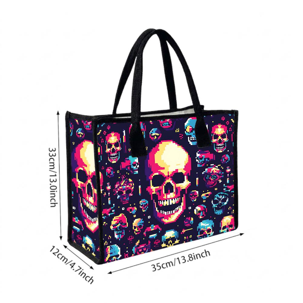 Pixel Skull Pattern Fashion Tote Bag Casual Portable Shopping Shoulder Bag For Daily Use