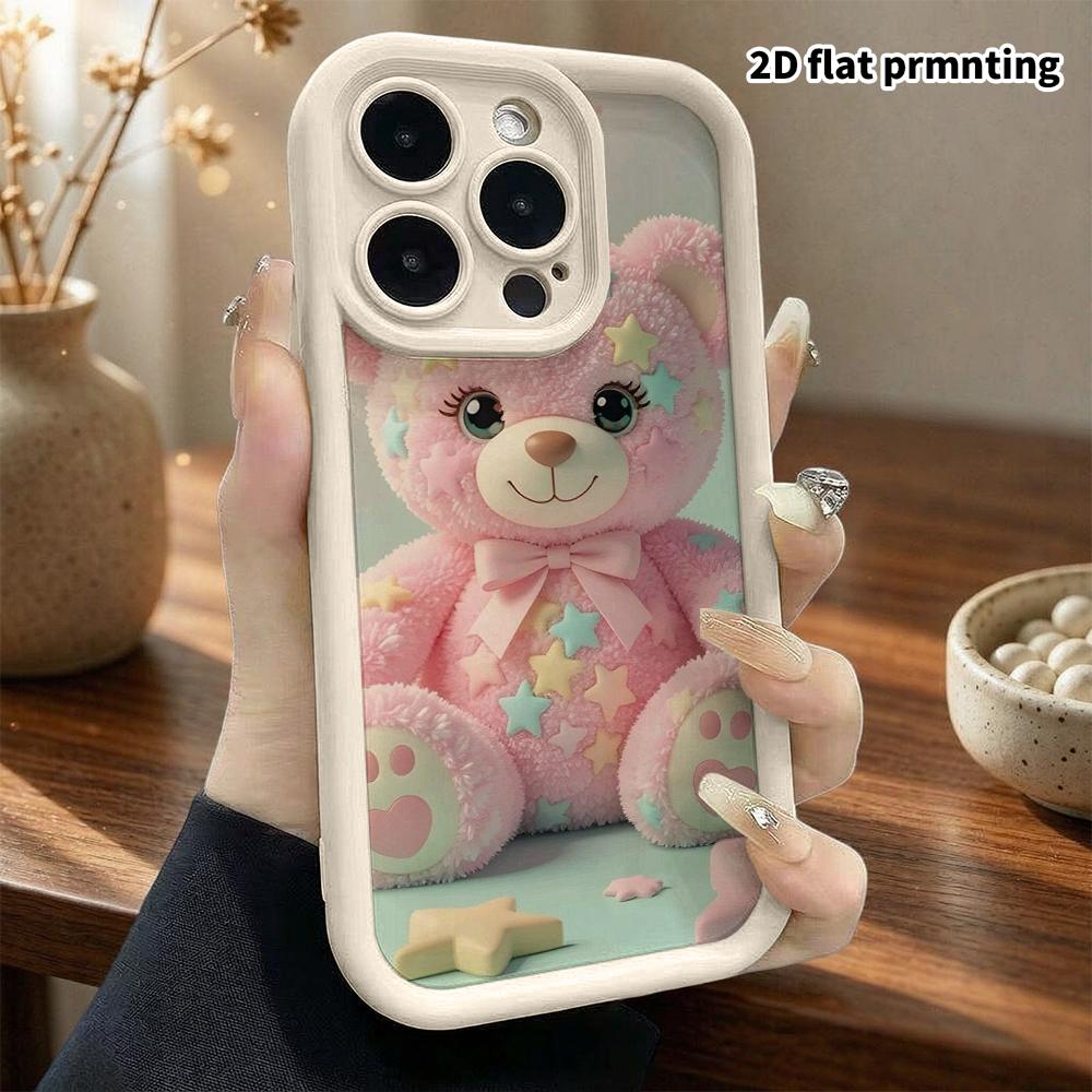 Phone Case: 2D Flat Design Suitable for iPhone 18, 17, 16, 15, 14, 13 Pro Stepped Protective Case, Pink Plush Little Bear, Christmas and Halloween Gif