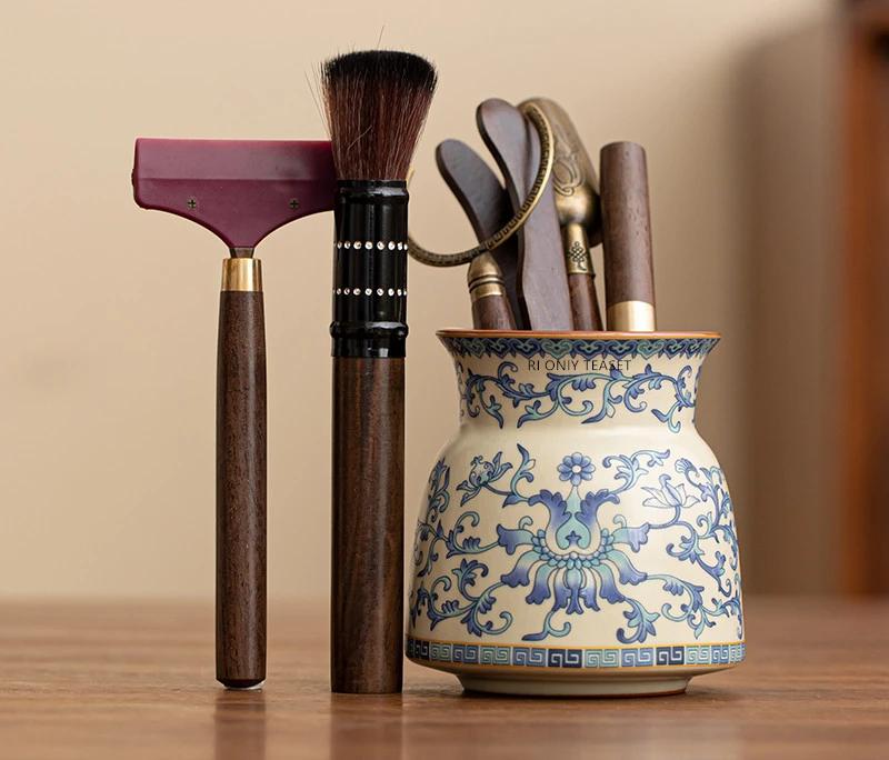 Chinese Blue and Flower Ru Kiln Ceramics Tea Making Tools Solid Wood Tea Ceremony Six Gentlemen Set Tea Clip Teaware Accessories