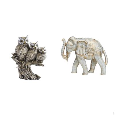Owl Elephant Sculpture Figurine Tabletop Ornament Hand Carved Wooden Statue for Living Room Office