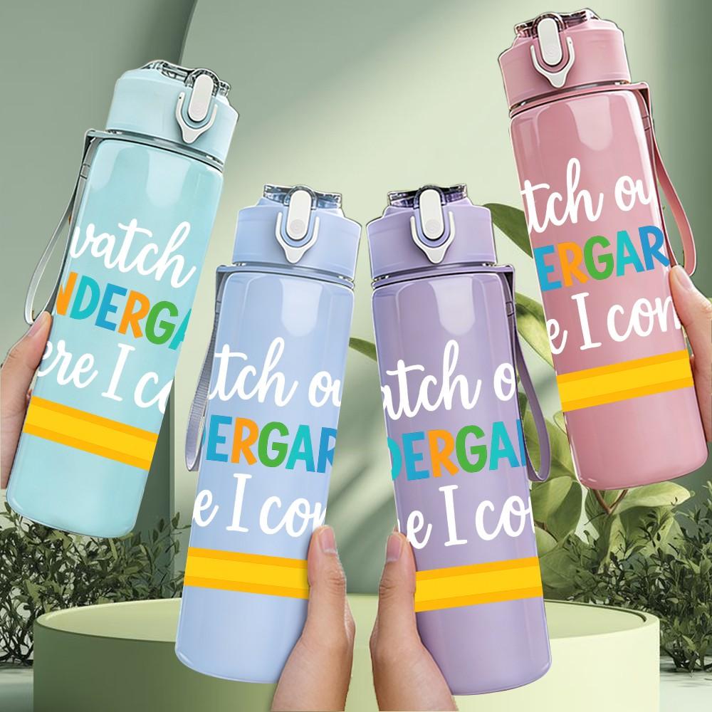 1PC Kindergarten Pencil Text Pattern 750ml Color Plastic Sports Water Bottle Leakproof Flip Straw Lid Suitable for Sports Office Home Use
