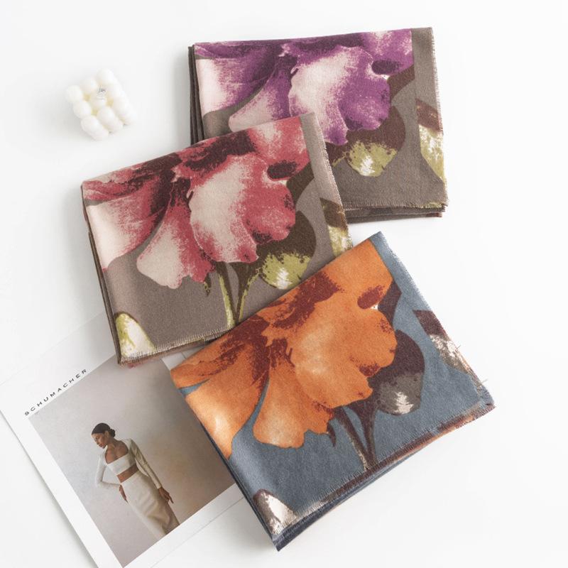 Hibiscus Cashmere Texture Scarf Winter Warm and Elegant Blue Women's Imitation Cashmere Scarf Shawl Light Luxury and High End