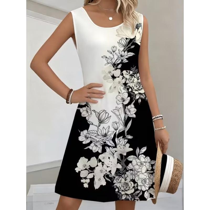 Women's Flower Pattern Printed Sleeveless Round Neck Dress Loose Soft and Comfortable Plus Size Dress