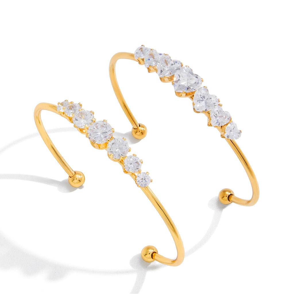 Youthway Round Heart Zircon Cuff Bracelet For Women Minimalist 18K Gold Plated Stainless Steel Open Bangle Fashion Jewelry Gift