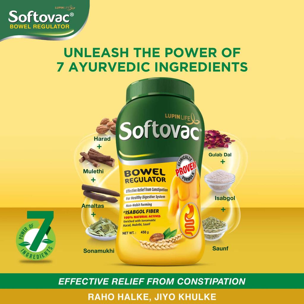 Softovac Isabgol Bowel Regulator Powder 450g – Gentle Stool Softener, Psyllium Husk Fiber, Relieves Bloating, Supports Digestive, Non-Habit Forming