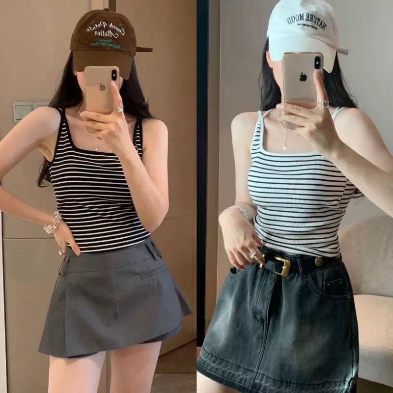 Striped Cut-Out Back Camisole Tank with Built-in Pads for No-Bra Wear