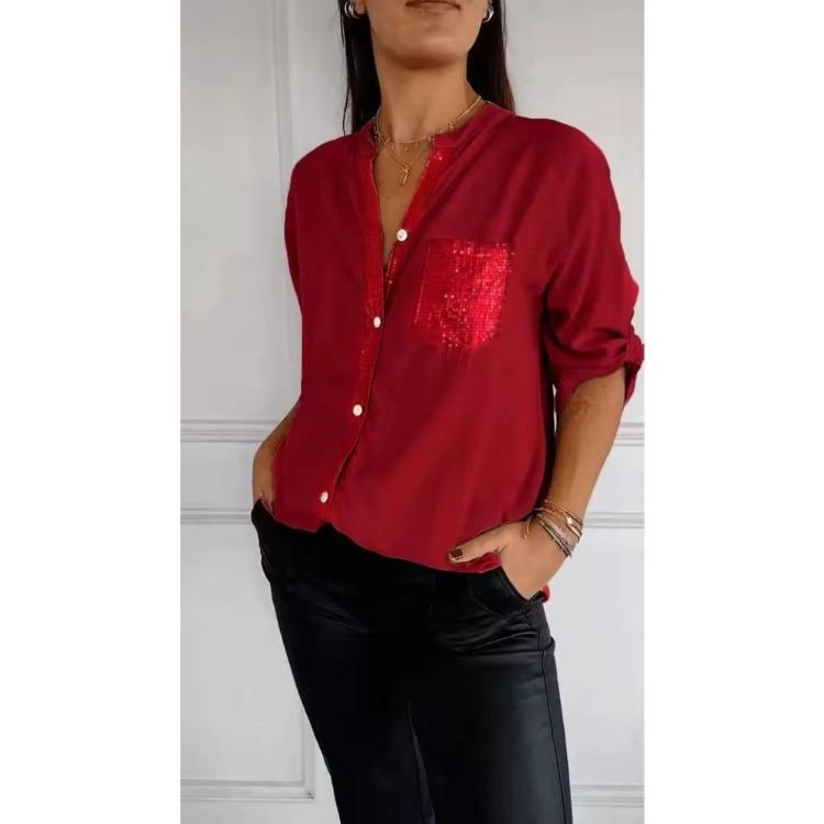 Women Casual Summer V-neck Sequin Blouse Loose Collar Mid-sleeve Printed Button Top Sun Protection Shirt with Pocket
