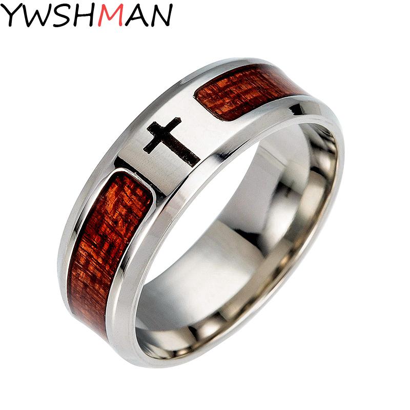 Wooden Christian Jesus Titanium Steel Man s Ring 8mm Wide Engraved Jesus 6
