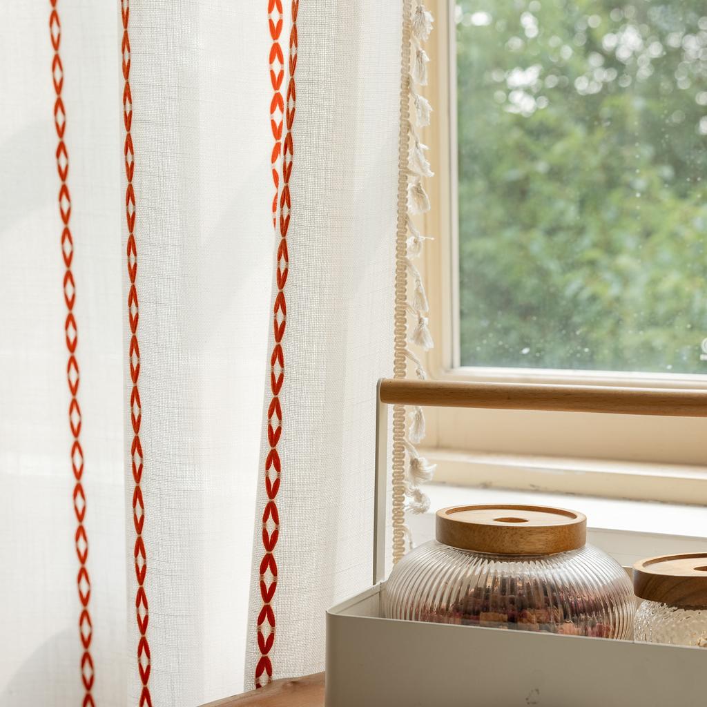 Embroidered Stripes White Partition Bedroom Decoration Bohemian Semi-Blackout Finished Curtains