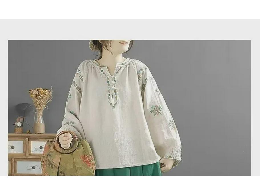 New Summer Ethnic Embroidered Long-Sleeve Cotton-Linen Shirt
