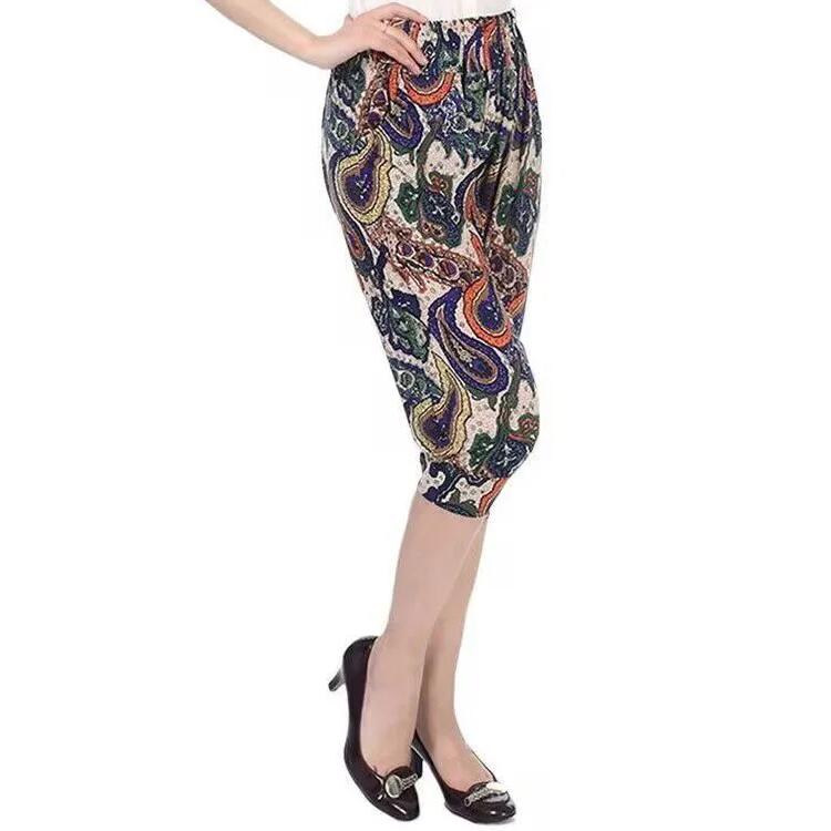 WTEMPO Mother's Loose Cropped Pants Mid-length Elastic High Waist Thin Printed Women's Spring Summer Ice Silk Wide Leg Pants