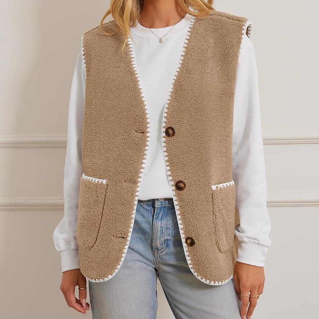 Dame Fuzzy Fleece Vest Ermløs Fargeblokkert Jakke Knappelukking Yttertøy Med Lommer