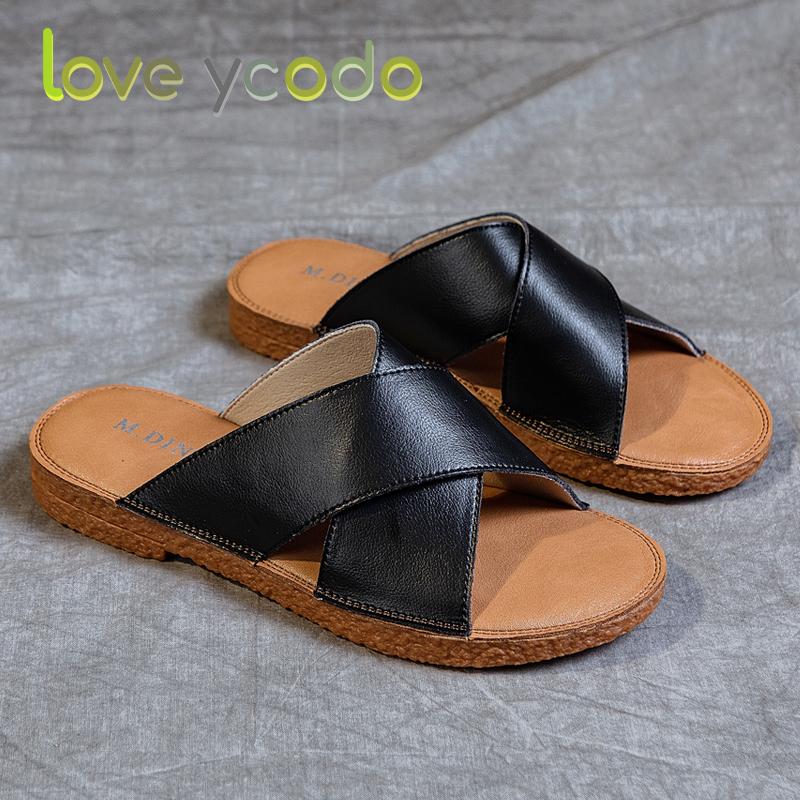 love ycodo Brand Summer Women's and Student Natural Leather Slippers Size 35-43