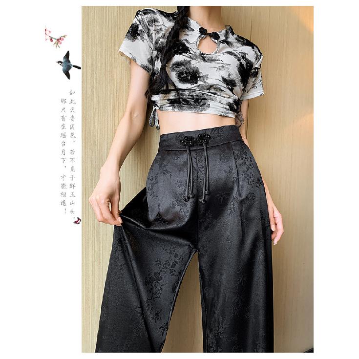 Chinese-style Faux Satin Jacquard Wide-leg Pants for Women, 2026 New Design, Niche High-waisted Slimming Casual Floor-length Trousers